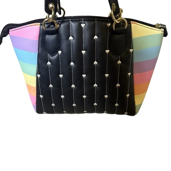 Betsy Johnson Rainbow Black Quilted Heart Satchel Handbag Purse Women’s - Picture 3 of 12